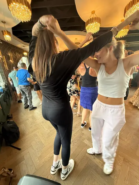 An underarm turn mid-lesson at Tuesday Salsa Nights, The Grand Hall, Chilliwack BC