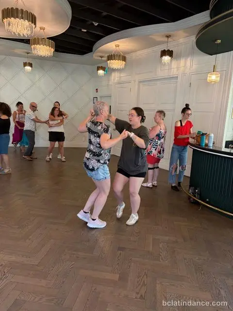 Two dancers practicing the basic step at Tuesday Salsa Nights, The Grand Hall, Chilliwack