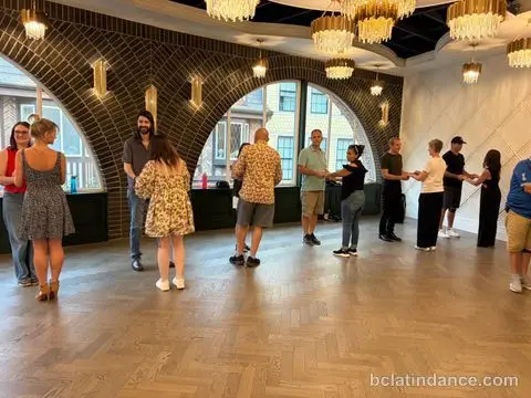 The whole class in a circle around the room at Tuesday Salsa Nights, The Grand Hall, District 1881