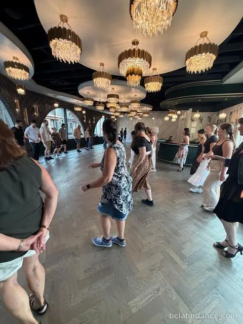A dancer working the basic step on the herringbone floor at The Grand Hall, Chilliwack
