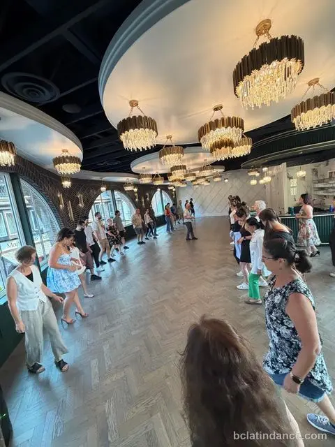 The class in two long lines facing each other across the floor at Tuesday Salsa Nights, The Grand Hall, Chilliwack