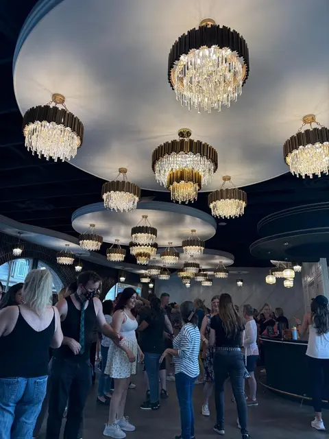 Chandeliers over the dance floor at The Grand Hall in District 1881, Chilliwack