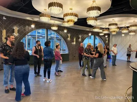 The class watching a move demonstrated before trying it themselves at Tuesday Salsa Nights, The Grand Hall, District 1881