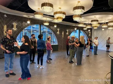 Dancers gathered along the floor between rounds at Tuesday Salsa Nights, The Grand Hall, Chilliwack